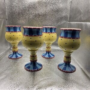 Vintage Hand Thrown Studio Art Pottery Wine Goblets Hand Painted Signed Set of 4